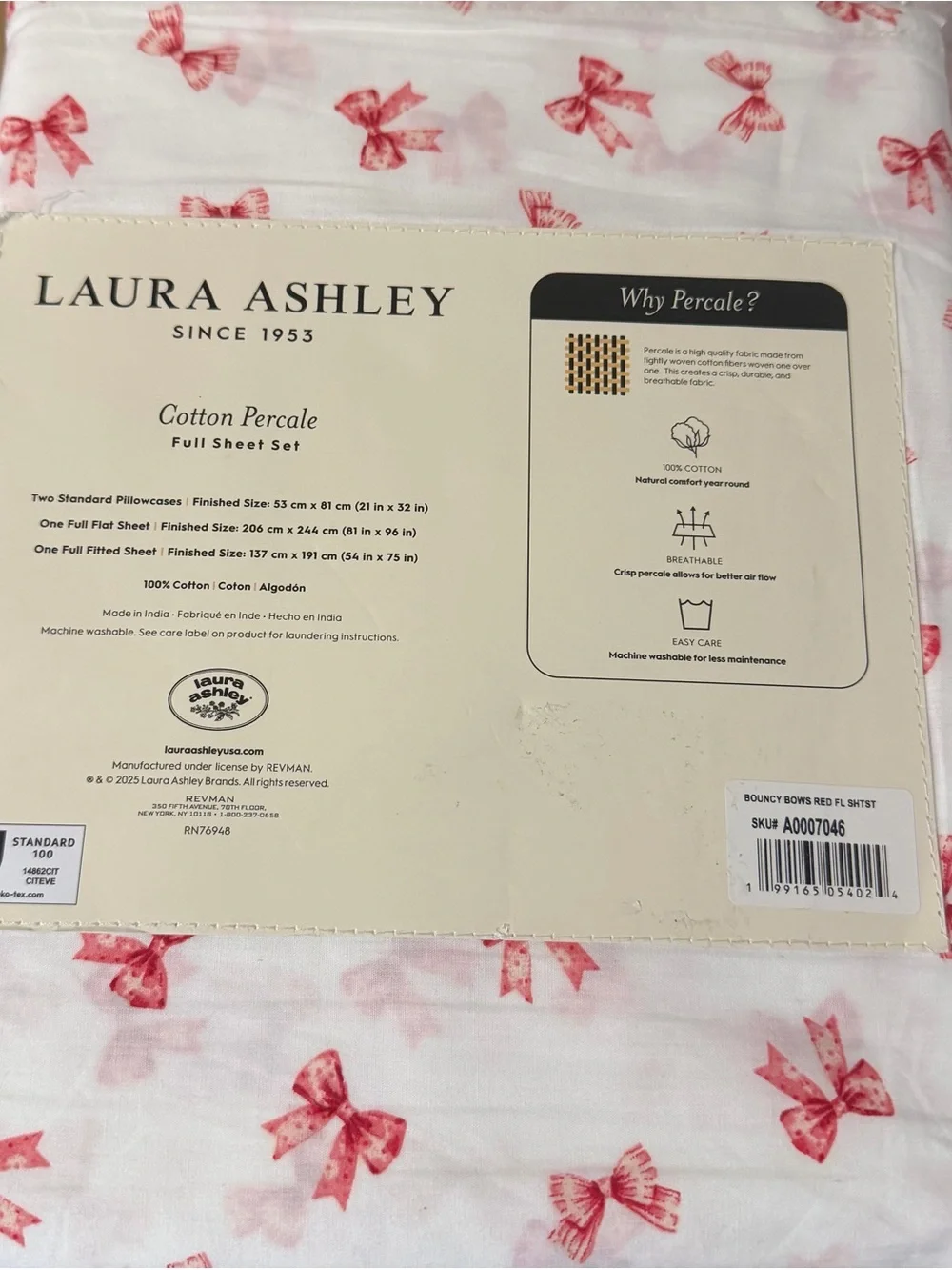 BOUNCY BOW RED Laura Ashley Cotton Percale FULL Sheet Set ~ Whimsical